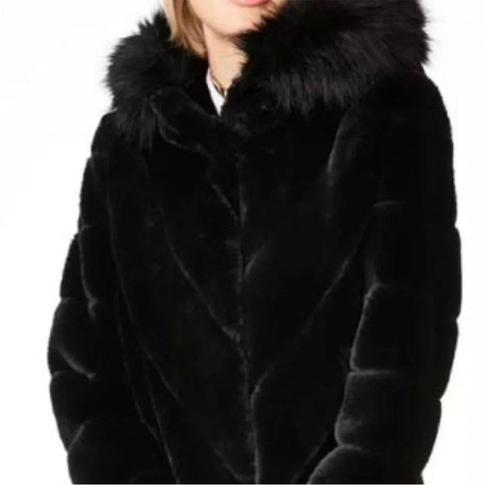 Calvin Klein Faux Fur Reversible Coat with Fox Trimmed Hood